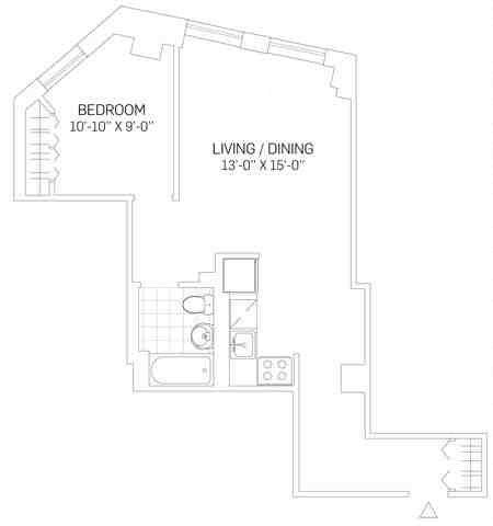 Floor plan for 1 bed, 1 bath, 647 sqft